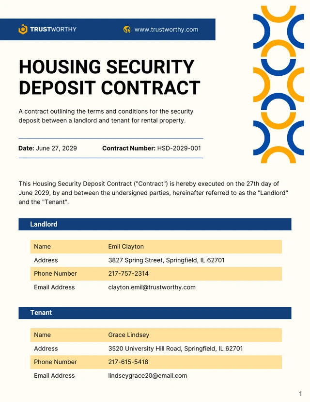 Housing Security Deposit Contract Template - page 1