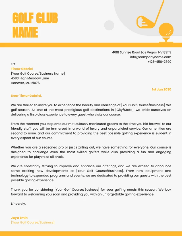 Light Grey And Yellow Clean Professional Business Golf Letterhead
