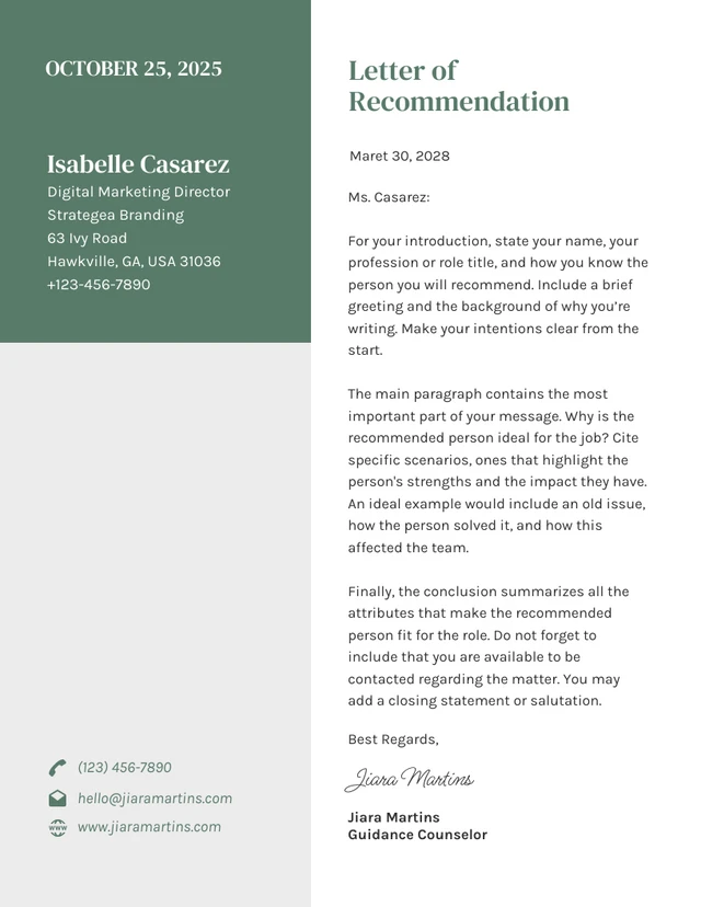 Modèle de lettres de recommandation professionnelle propre pastel gris clair et vert