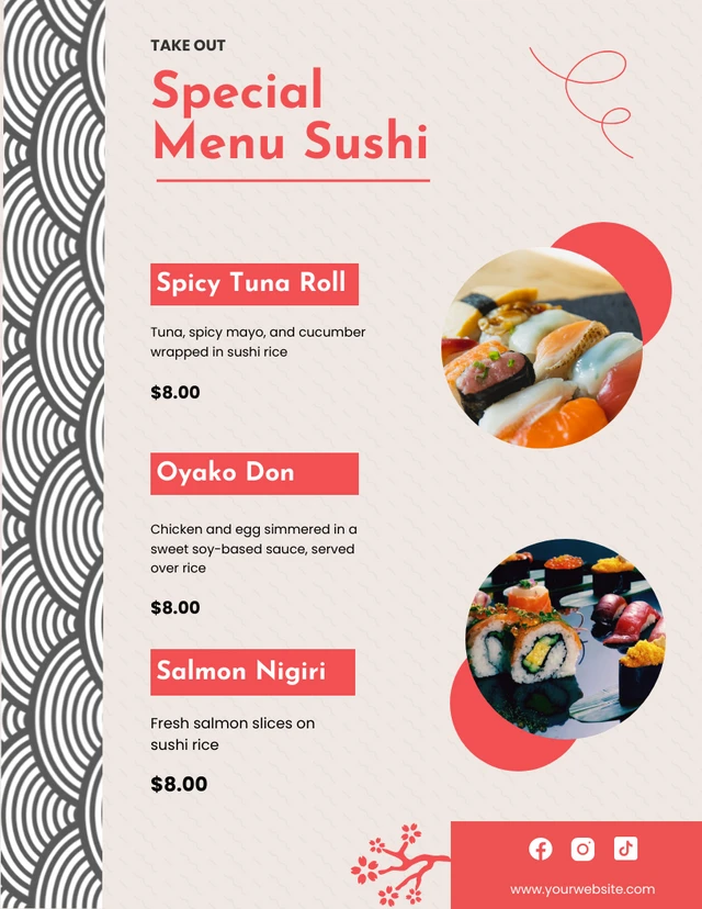 Modèle de menu à emporter de sushi de cuisine japonaise rose rouge simple