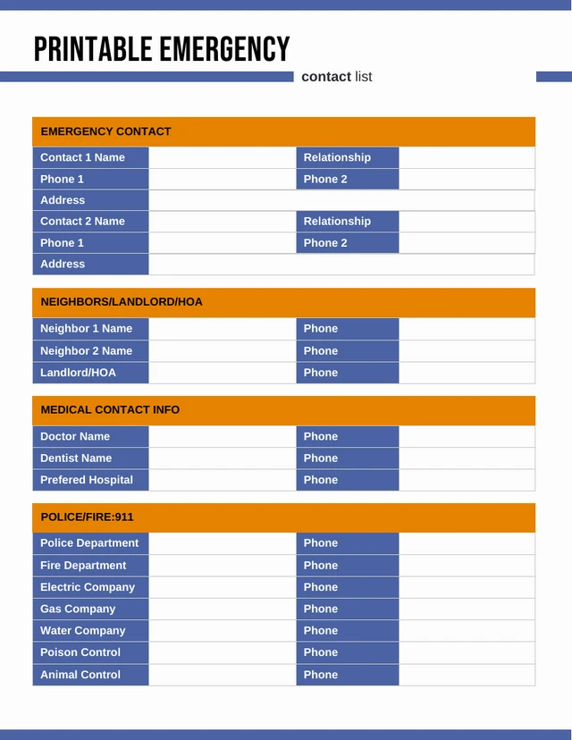 Simple Blue Orange Printable Emergency Contact List Forms Template