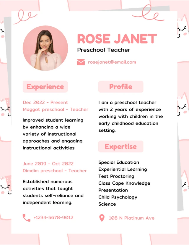 Pink And White Cute Playful Professional Teacher Resume Template