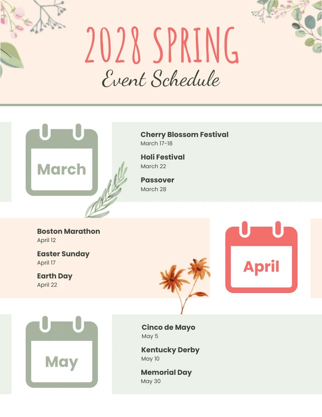 Soft Green and Peach Spring Event Schedule Template