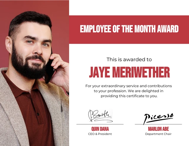 White And Red Minimalist Employee-Of-The-Month Certificate Template