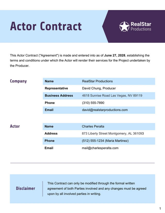 Actor Contract Template - Pagina 1