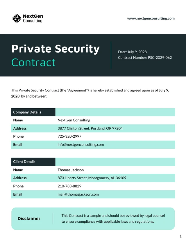 Private Security Contract Template - Page 1