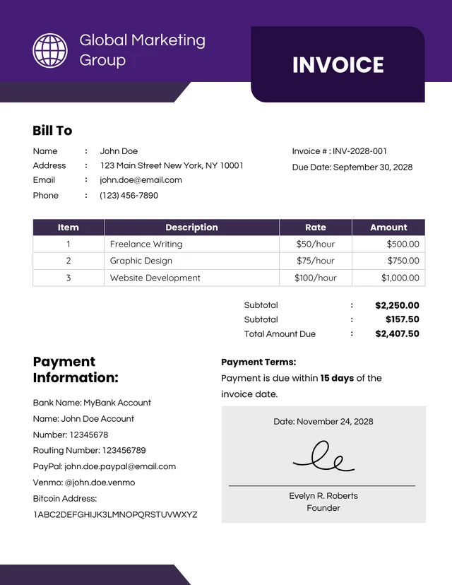 Purple and White Simple Freelance Invoice Template