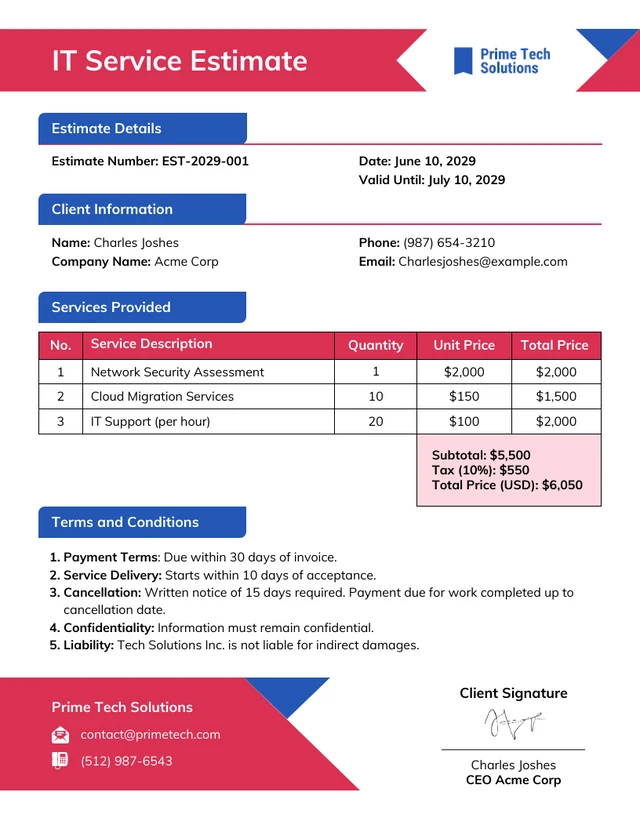 IT Service Estimate Template