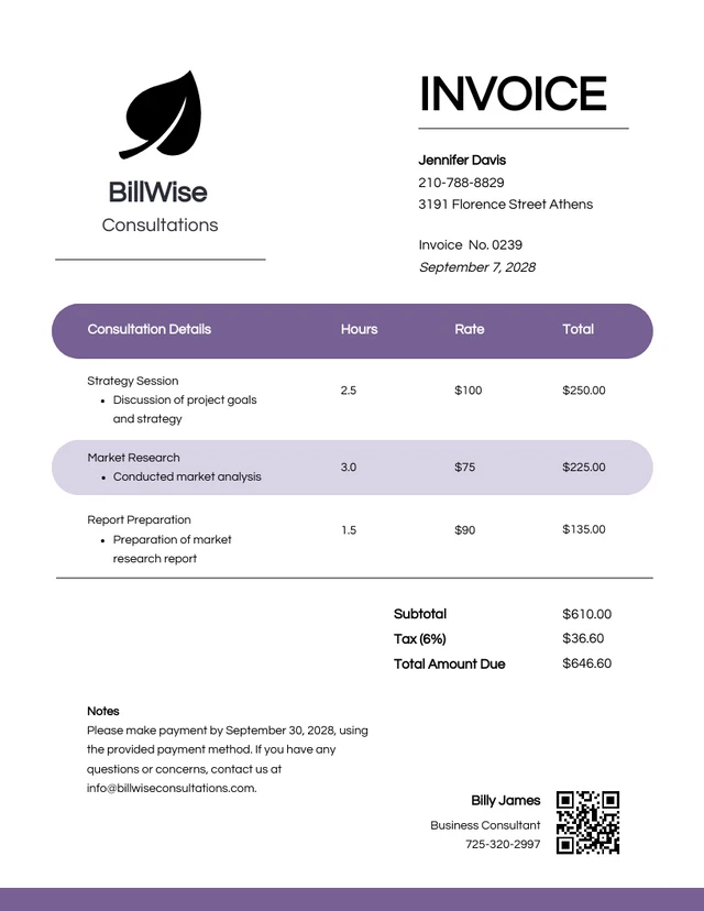 Simple Purple and White Consultation Invoice Template