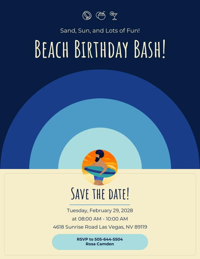 Blaue und blasse Strand-Geburtstagsparty-Einladungsvorlage