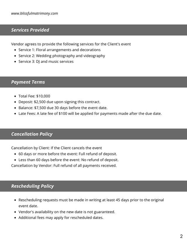 Wedding Vendor Contract Template - Page 2