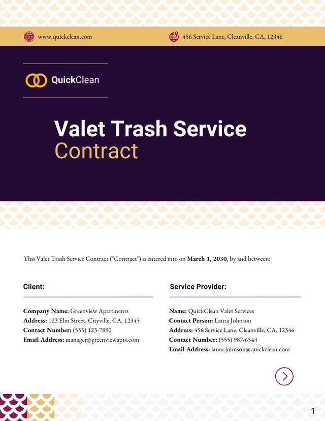 Valet Trash Service Contract Template - Seite 1