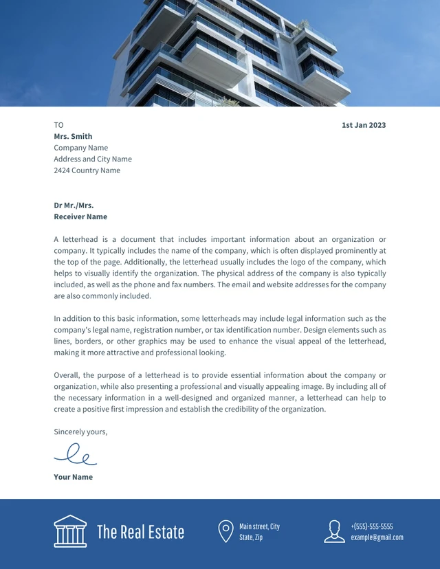 White And Blue Modern Real Estate Letterhead Template