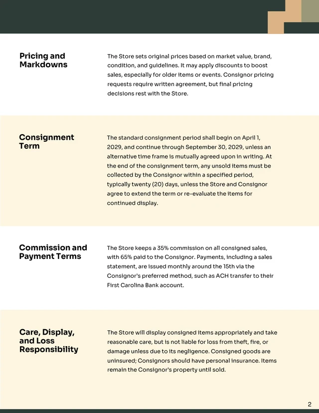 Consignment Store Contract Template - page 2
