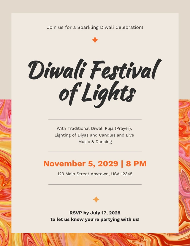 Moderne cremefarbene und orangefarbene Diwali-Einladungsvorlage
