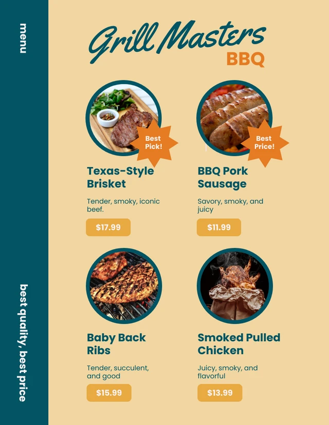 Modèle de menu barbecue orange pastel et bleu foncé