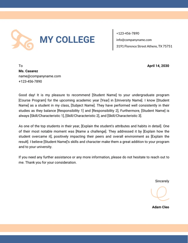 Cream And Blue Pastel Modern Professional My College Letterhead