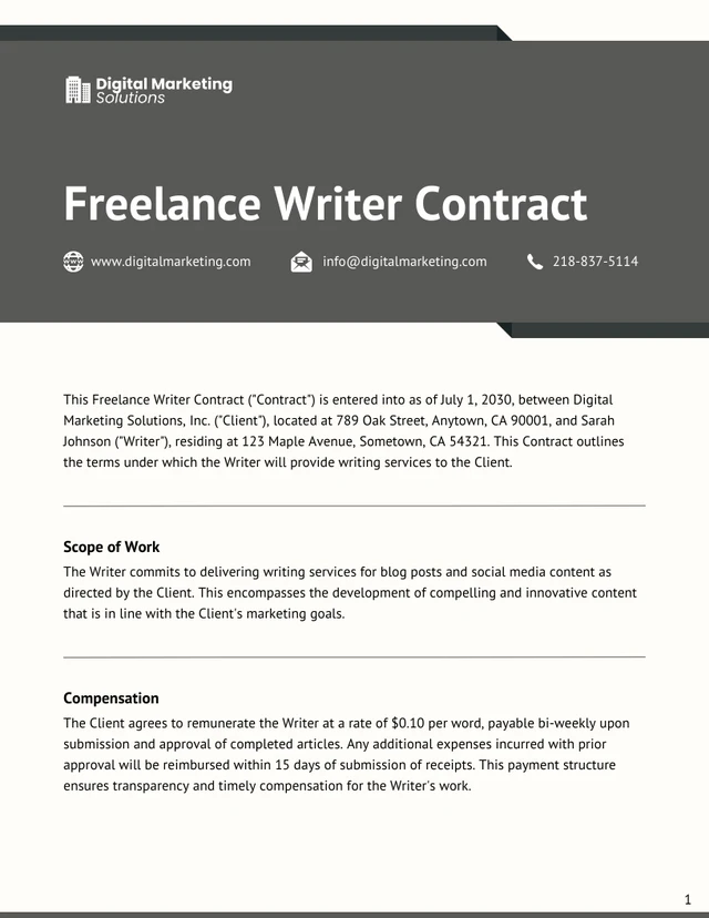 Freelance Writer Contract Template - Page 1