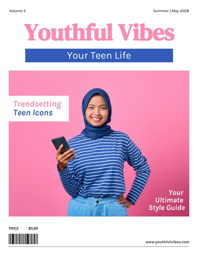Modèle de couverture de magazine minimaliste blanc et rose pour adolescents