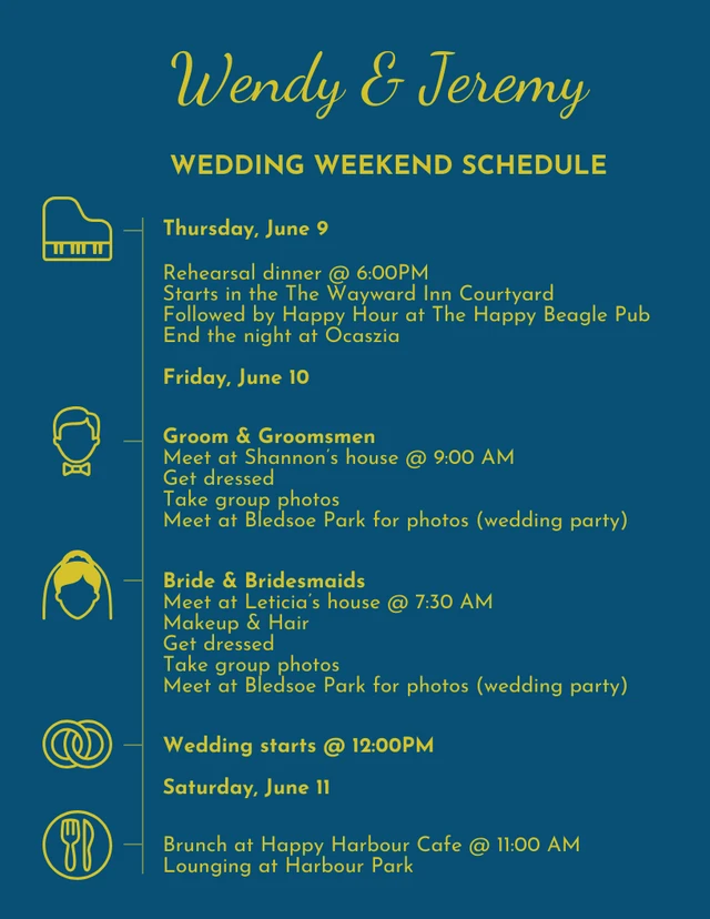 Gold Wedding Weekend Schedule