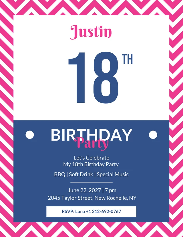 Pink And Blue Retro 18th Birthday Invitation Template