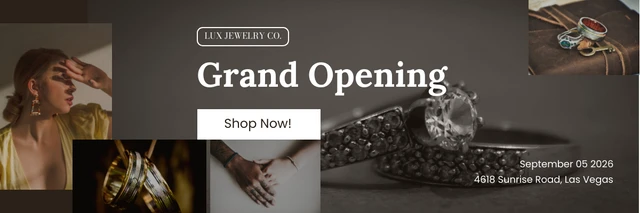 Beige and Black Minimalist Grand Opening Jewelry Store Banner Template (Modèle de bannière de bijouterie beige et noire)
