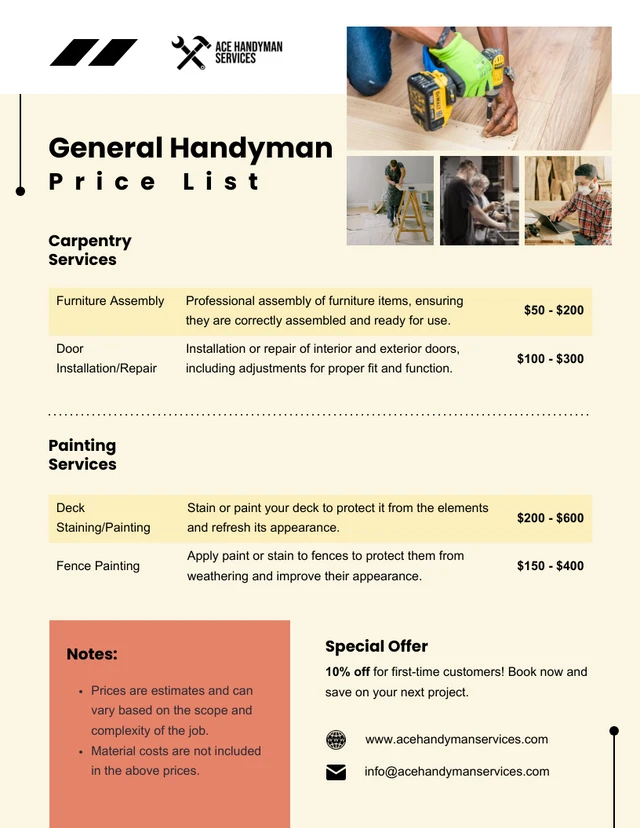 General Handyman Price List Template