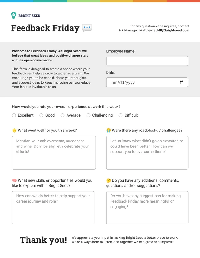 Modulo di feedback del venerdì per il modello di coinvolgimento dei dipendenti