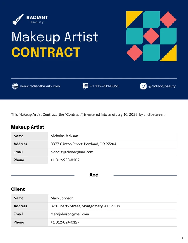 Makeup Artist Contract Template - page 1