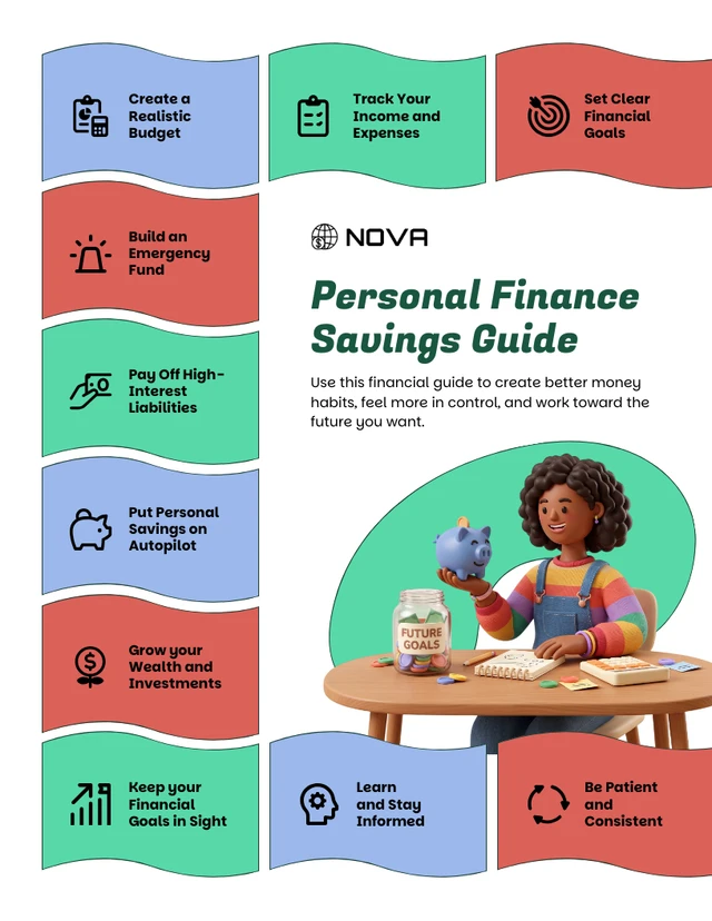 Infografica sulla guida al risparmio e alla gestione delle finanze personali Template Modello di infografica per la guida al risparmio e alla finanza personale