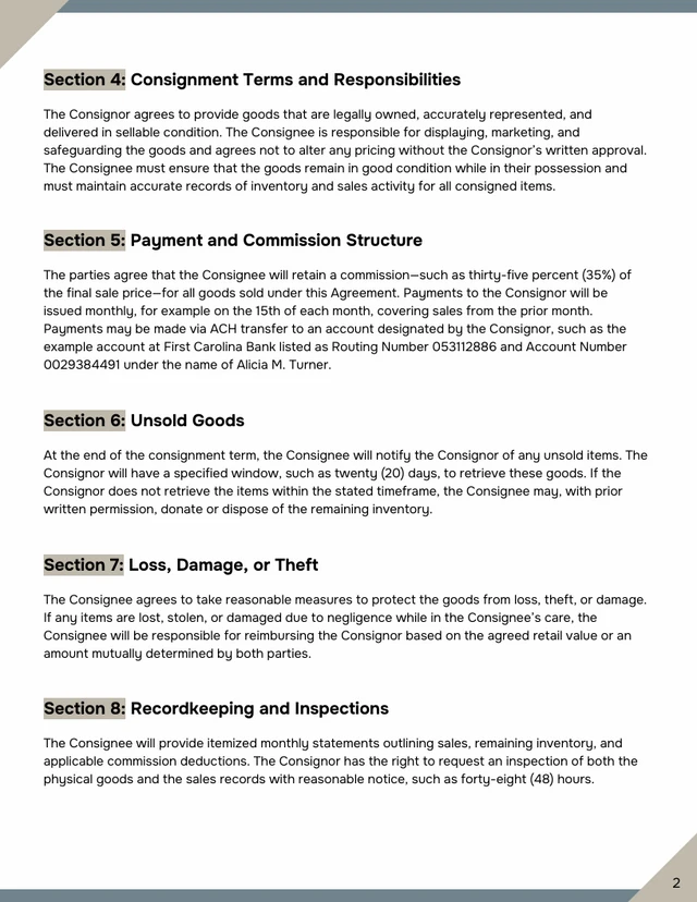 Consignment Contract Template - page 2