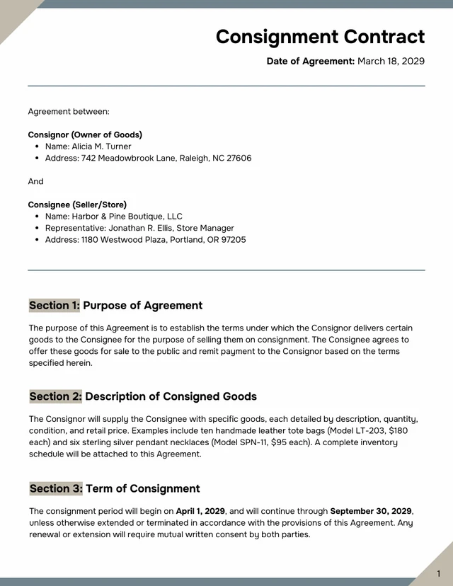 Consignment Contract Template - page 1
