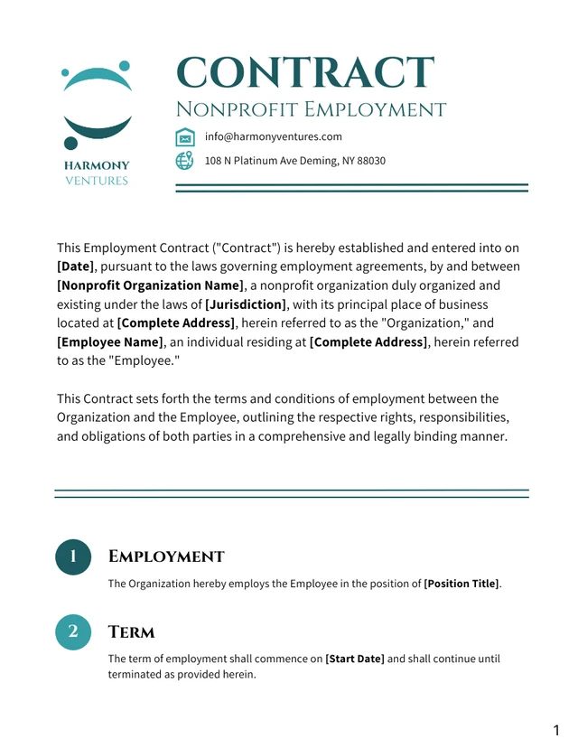 Nonprofit Employment Contract Template - Page 1