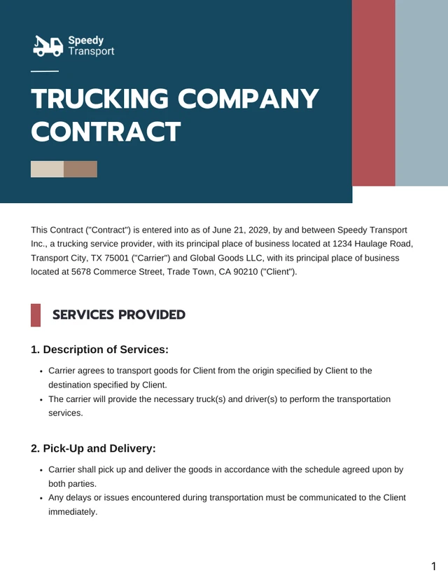 Trucking Company Contract Template - page 1