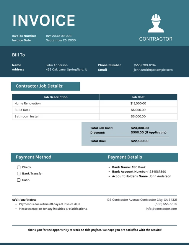 Minimalist  Navy and Tosca Contractor Invoice Template