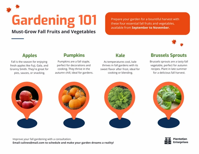 Plantilla infográfica de frutas y verduras de otoño imprescindibles para jardinería