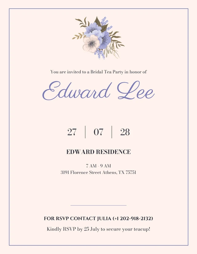 Minimalistische beige und blaue Brauttee-Einladungsvorlage