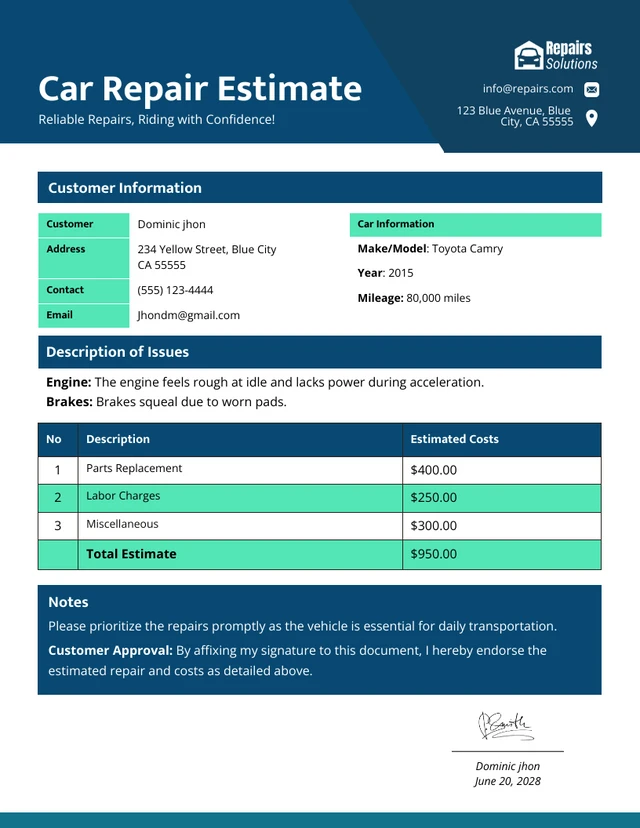 Plantilla de estimación de reparación de automóviles