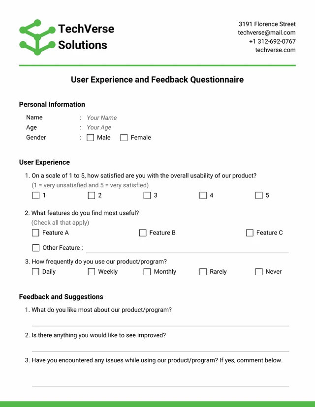Modern Minimalist Green Questionnaire Form Template