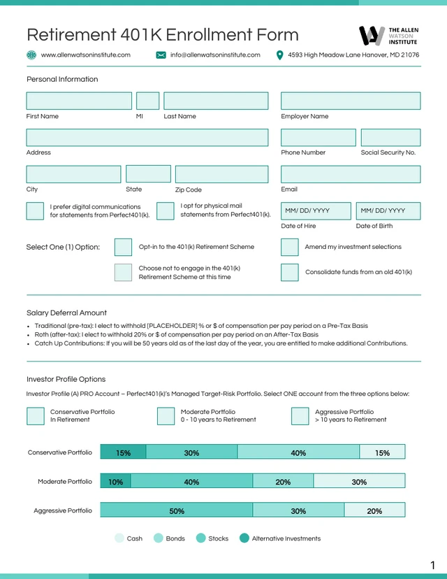 Retirement 401K Enrollment Form - صفحة 1