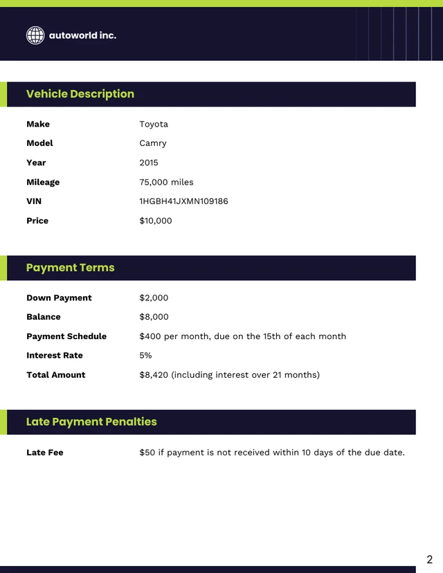 Used Car Payment Contract Template - Pagina 2