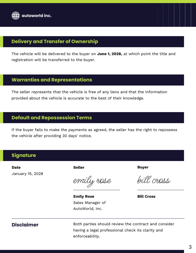 Used Car Payment Contract Template - Page 3