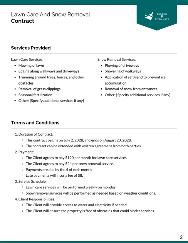 Lawn Care And Snow Removal Contract Template - Page 2