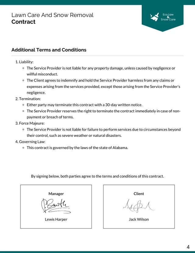 Lawn Care And Snow Removal Contract Template - Page 4