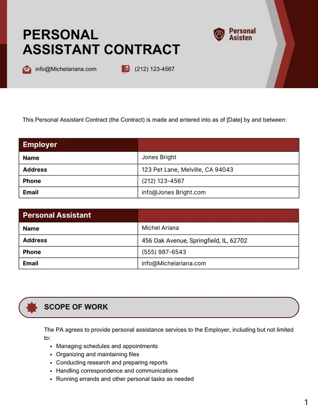 Personal Assistant Contract Template - Pagina 1