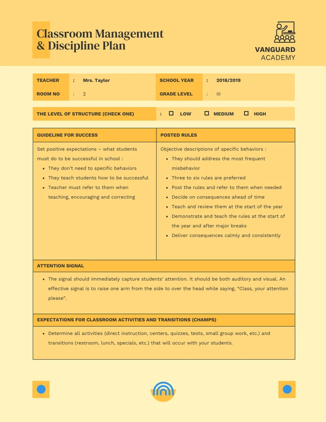 Simple Yellow Classroom Management and Discipline Plan Template