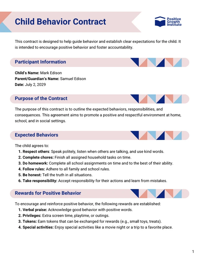 Child Behavior Contract Template - page 1