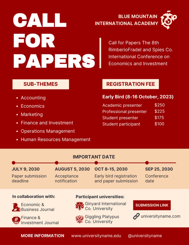 Rote und gelbe moderne professionelle Call-for-Paper-College-Poster-Vorlage