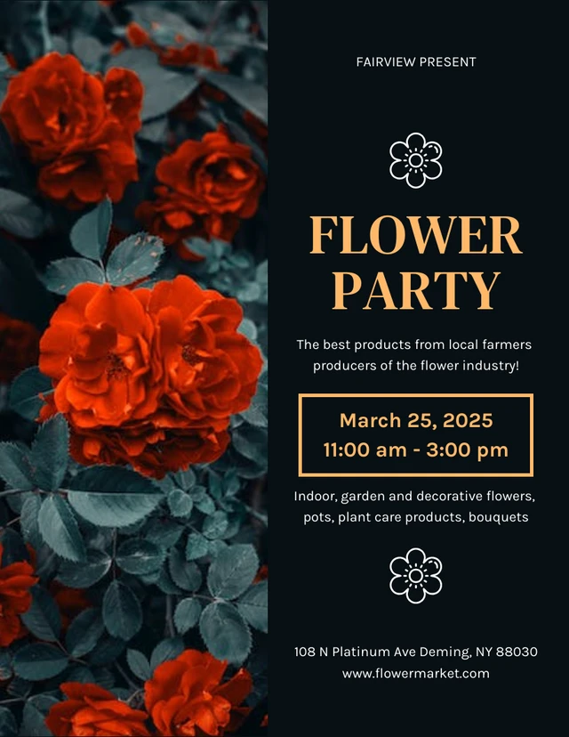 Black And Yellow Modern Floral Flower Party Poster Template