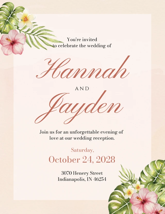 Peach Watercolor Floral Wedding Reception Invitation Card  Template